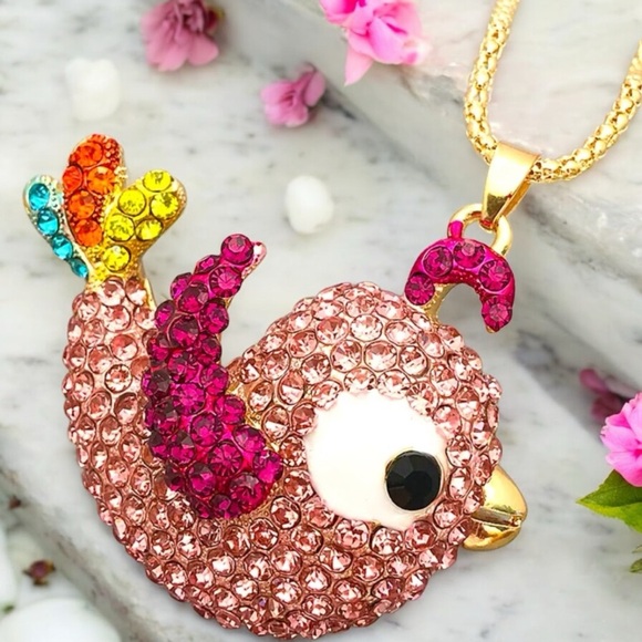 Little Pink Crystal & Enamel Bird Necklace - Picture 3 of 4